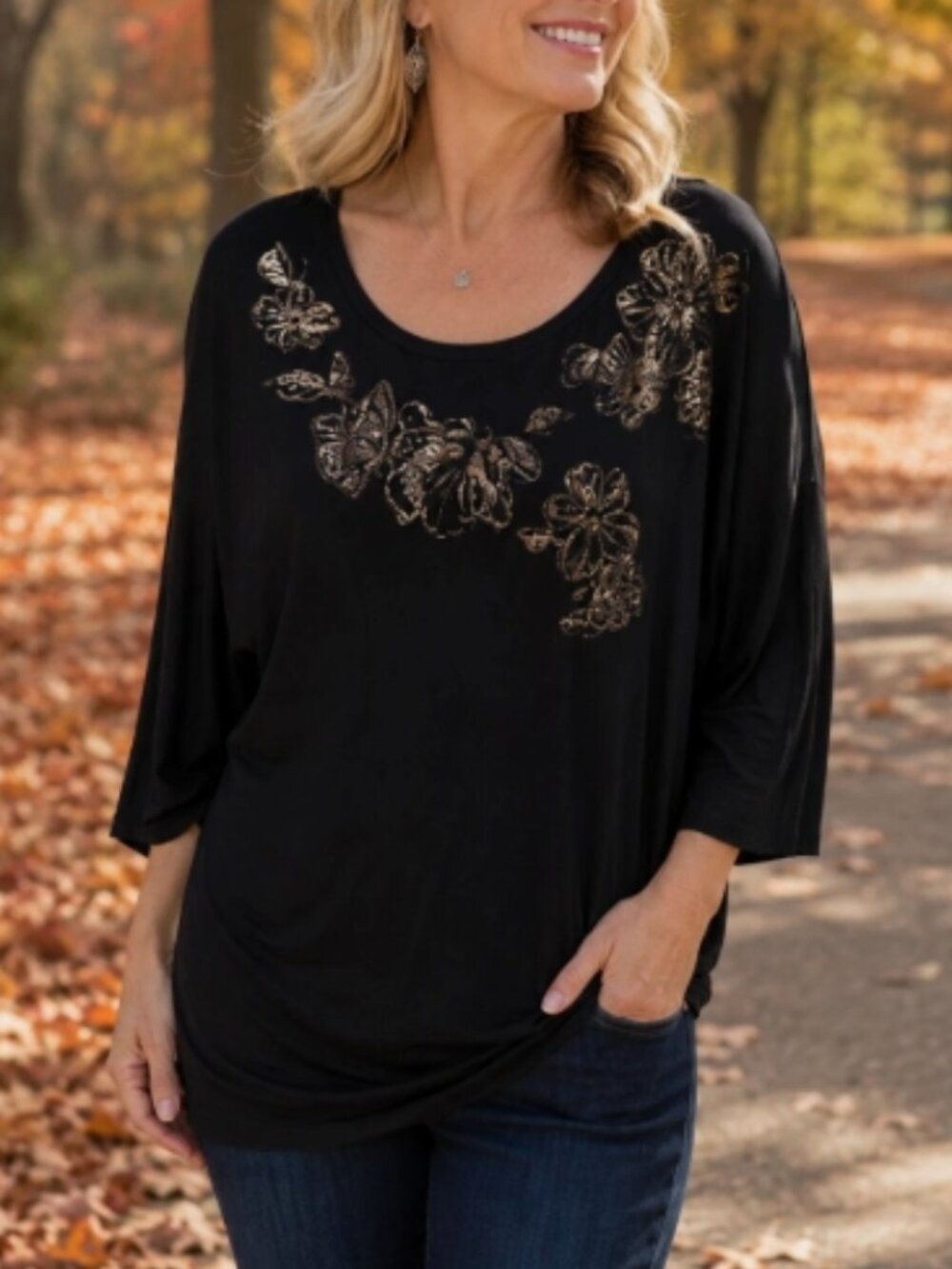 APT 9 Womens 0X Plus Tunic Top Black Copper Floral 3/4 Sleeve Stretch